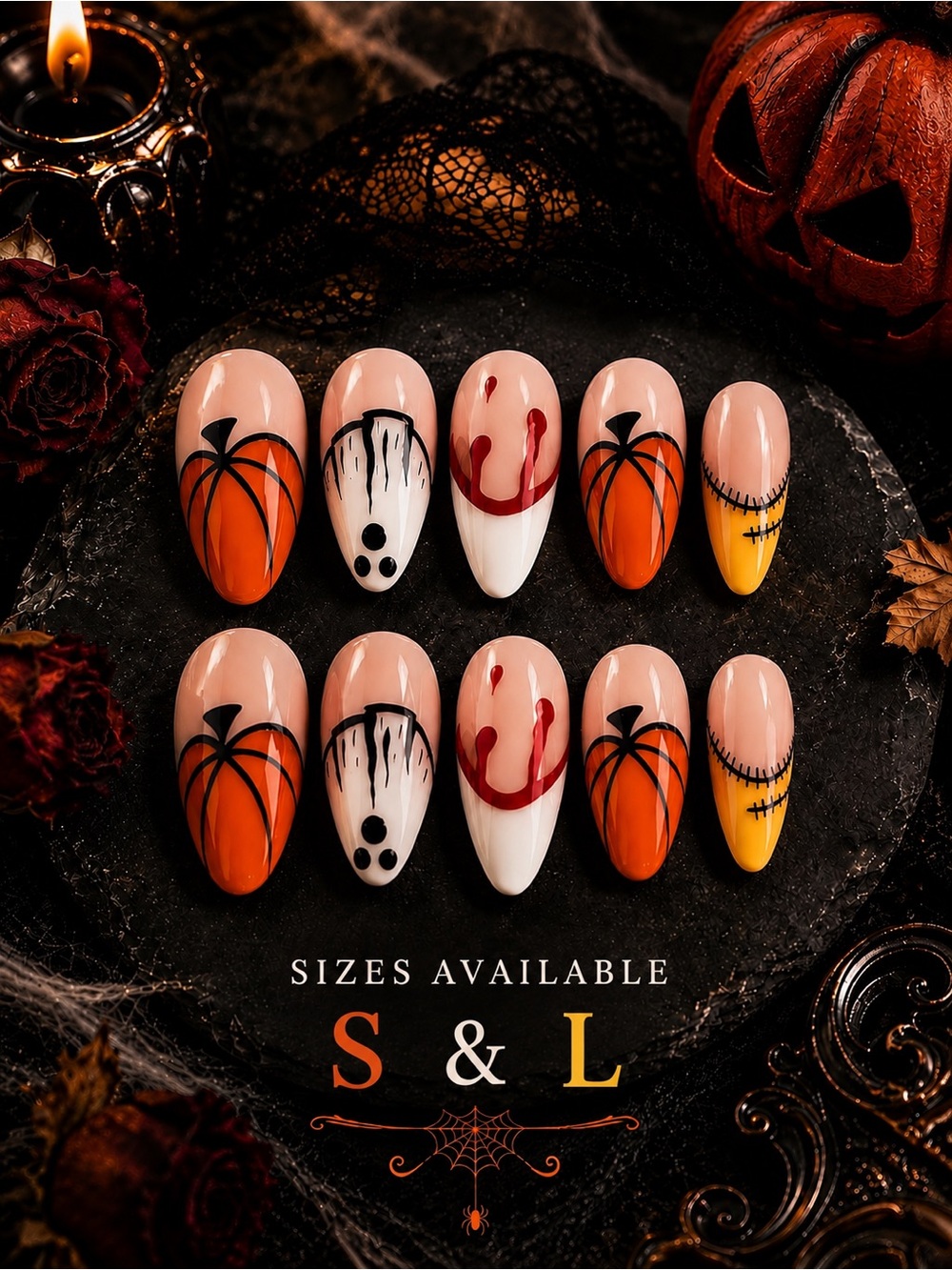 Halloween Pumpkin & Ghost Press-On Nails - Orange, White, Yellow